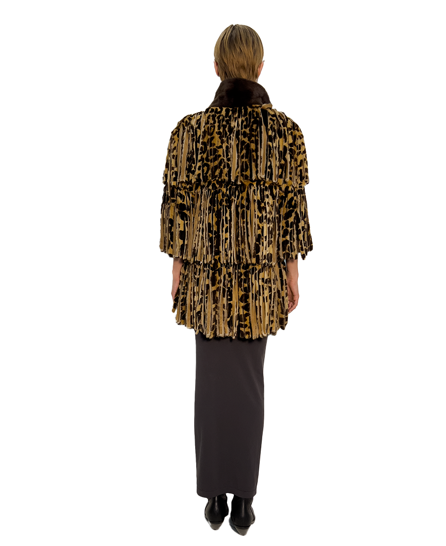 #418 HAND-CUT FRINGED ANIMAL PRINT MUSTELLA LAYERED JACKET