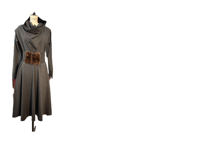 #441 ‘CATALINA’ COTTON DRESS, MINK & LYCRA BELT, AND PATCHWORK MIXED COLOUR COLLAR