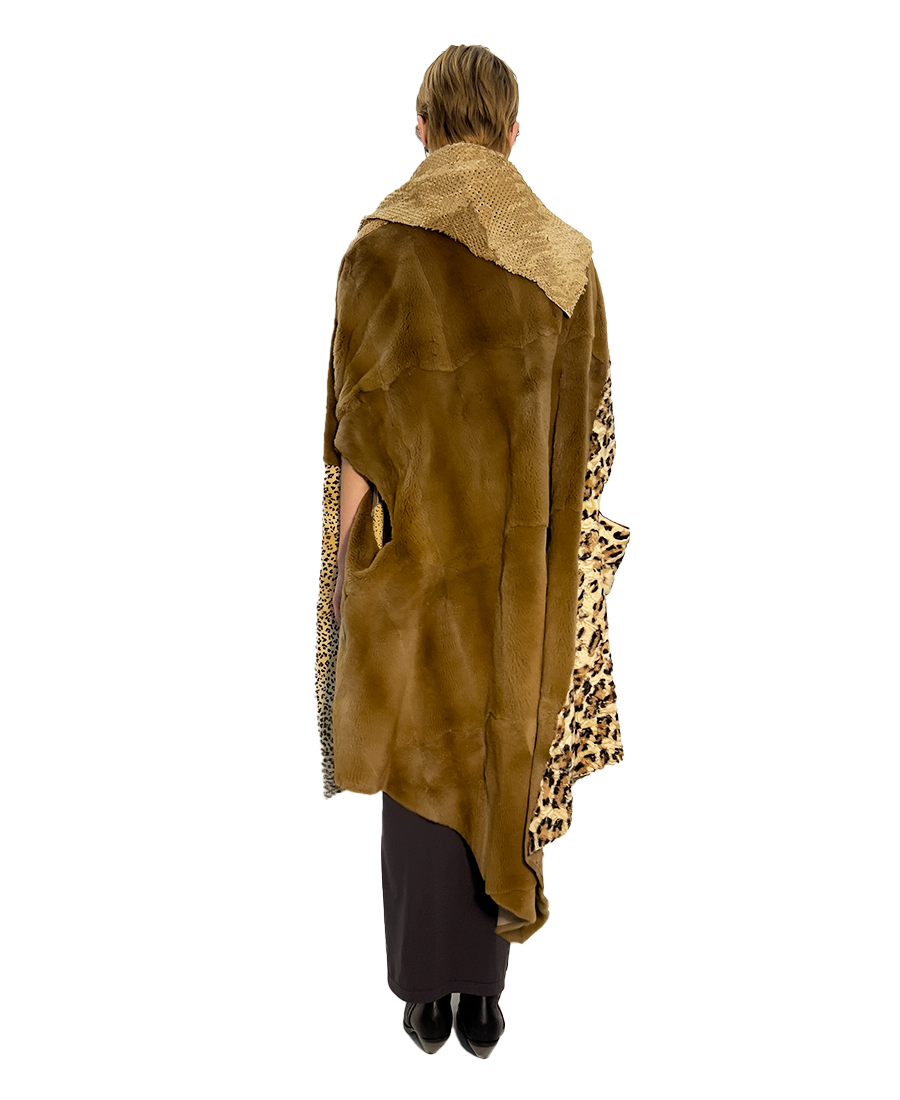 #391 PATCHWORK PRINTED ASTRACAN, PERFORATED BRENSHCUAN & MUSTELLA PONCHO
