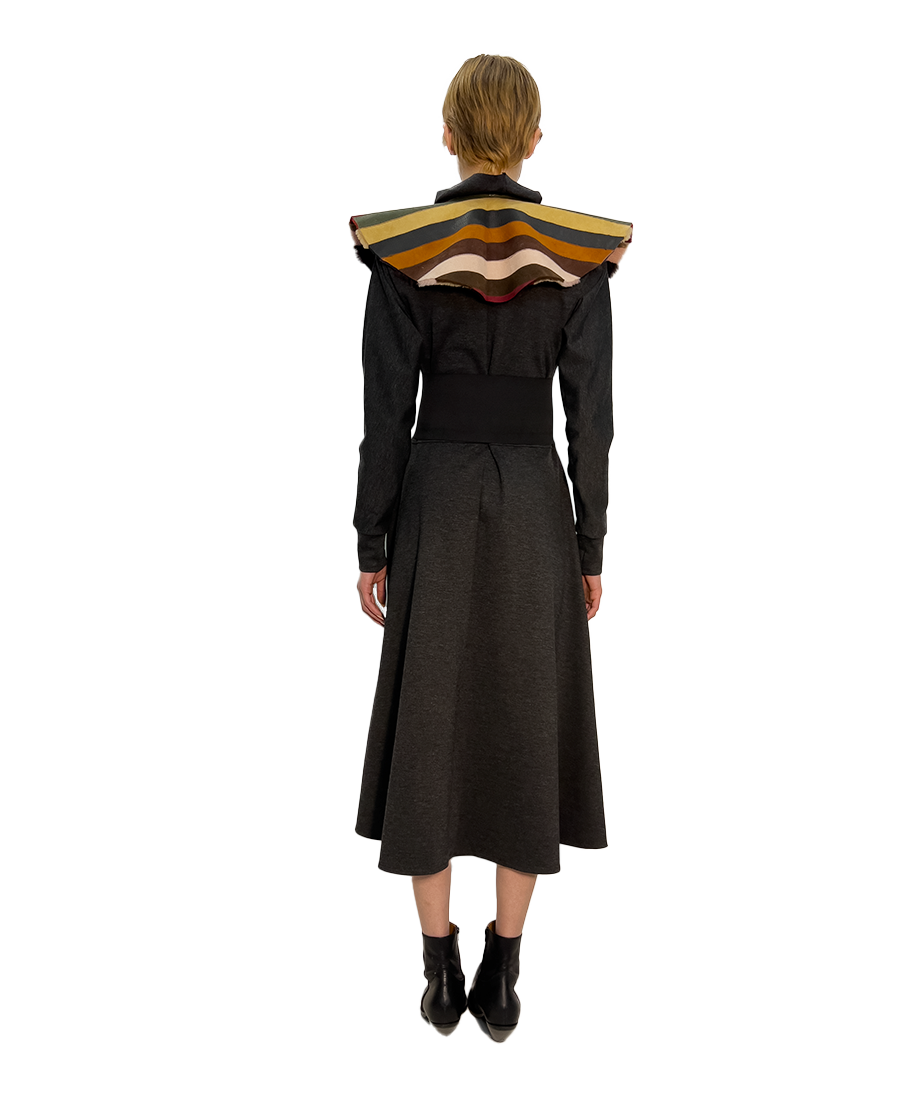 #441 ‘CATALINA’ COTTON DRESS, MINK & LYCRA BELT, AND PATCHWORK MIXED COLOUR COLLAR