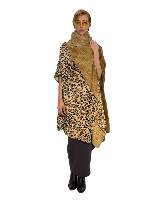 #391 PATCHWORK PRINTED ASTRACAN, PERFORATED BRENSHCUAN & MUSTELLA PONCHO