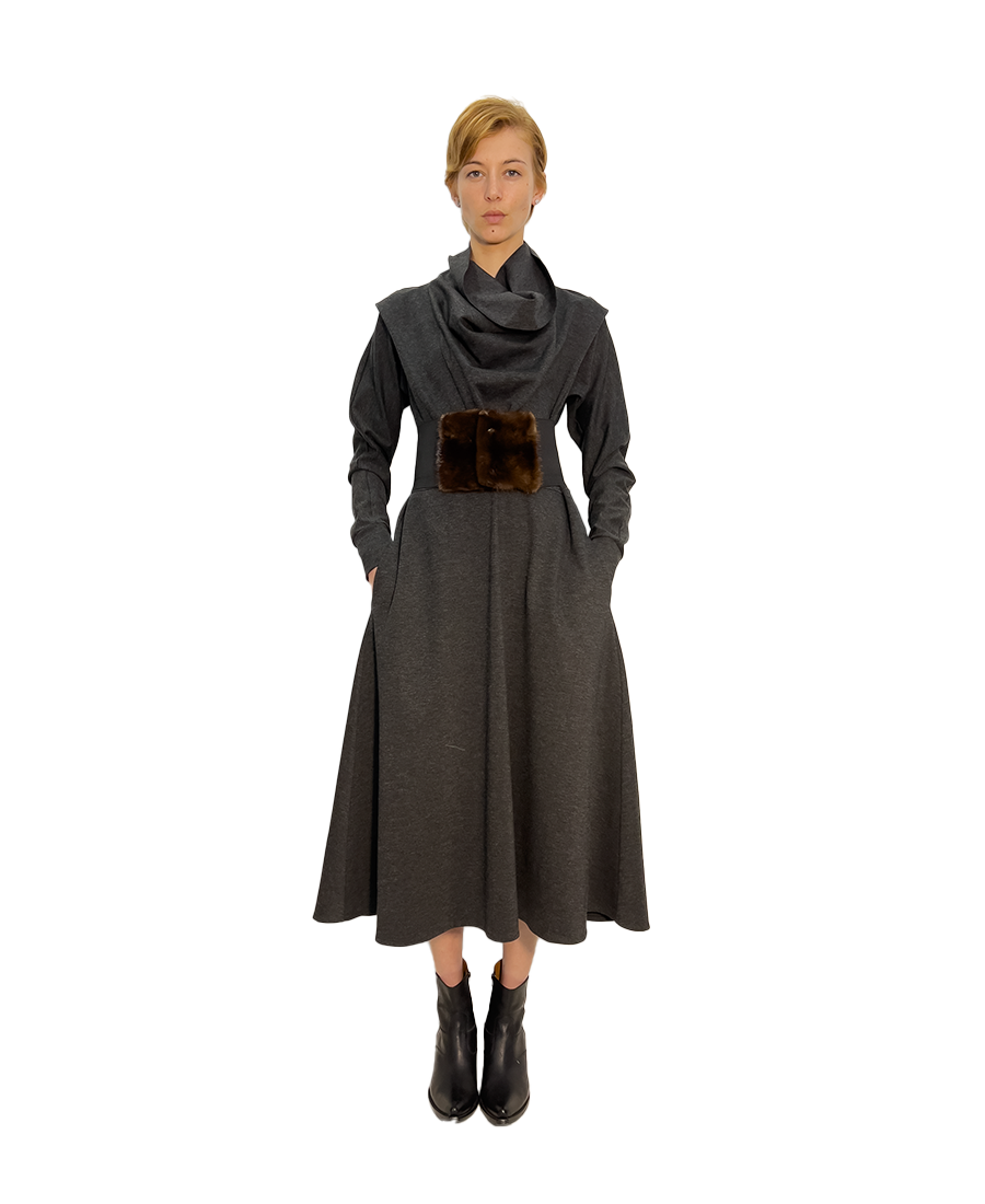 #441 ‘CATALINA’ COTTON DRESS, MINK & LYCRA BELT, AND PATCHWORK MIXED COLOUR COLLAR