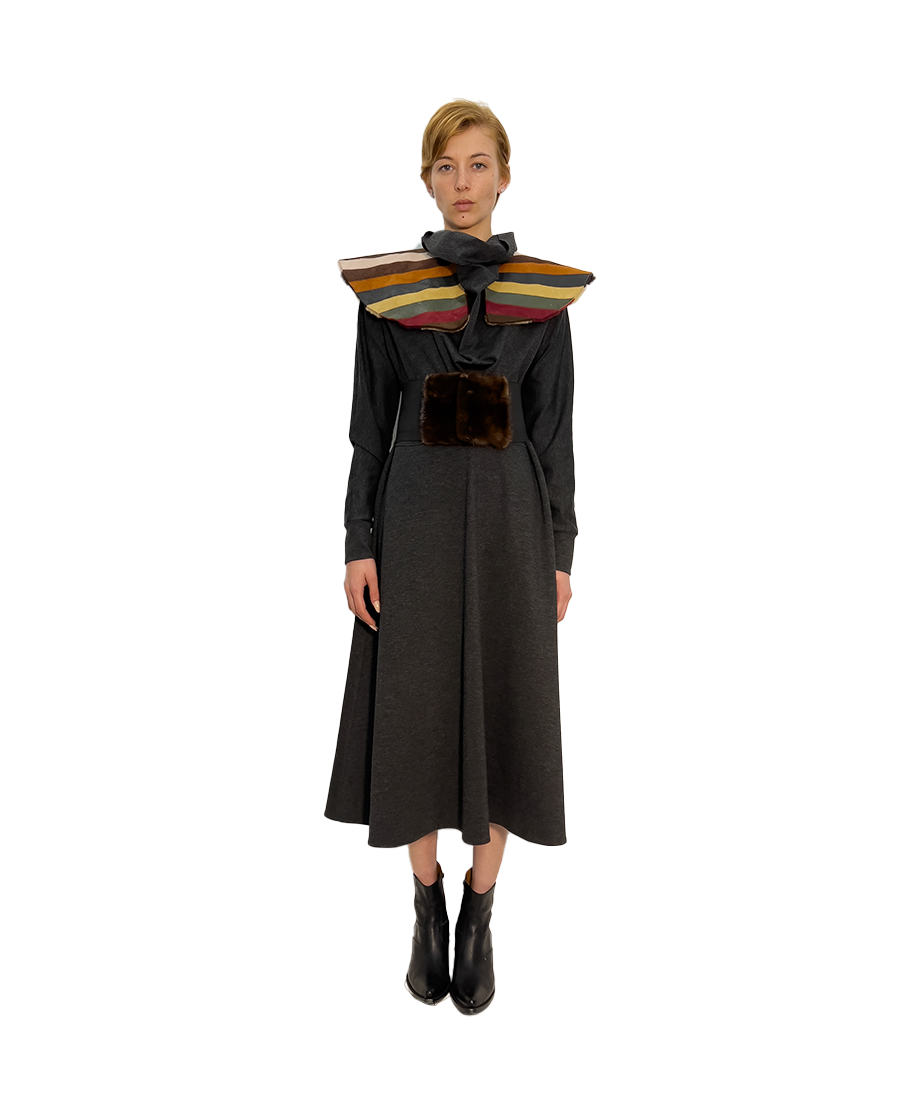 #441 ‘CATALINA’ COTTON DRESS, MINK & LYCRA BELT, AND PATCHWORK MIXED COLOUR COLLAR