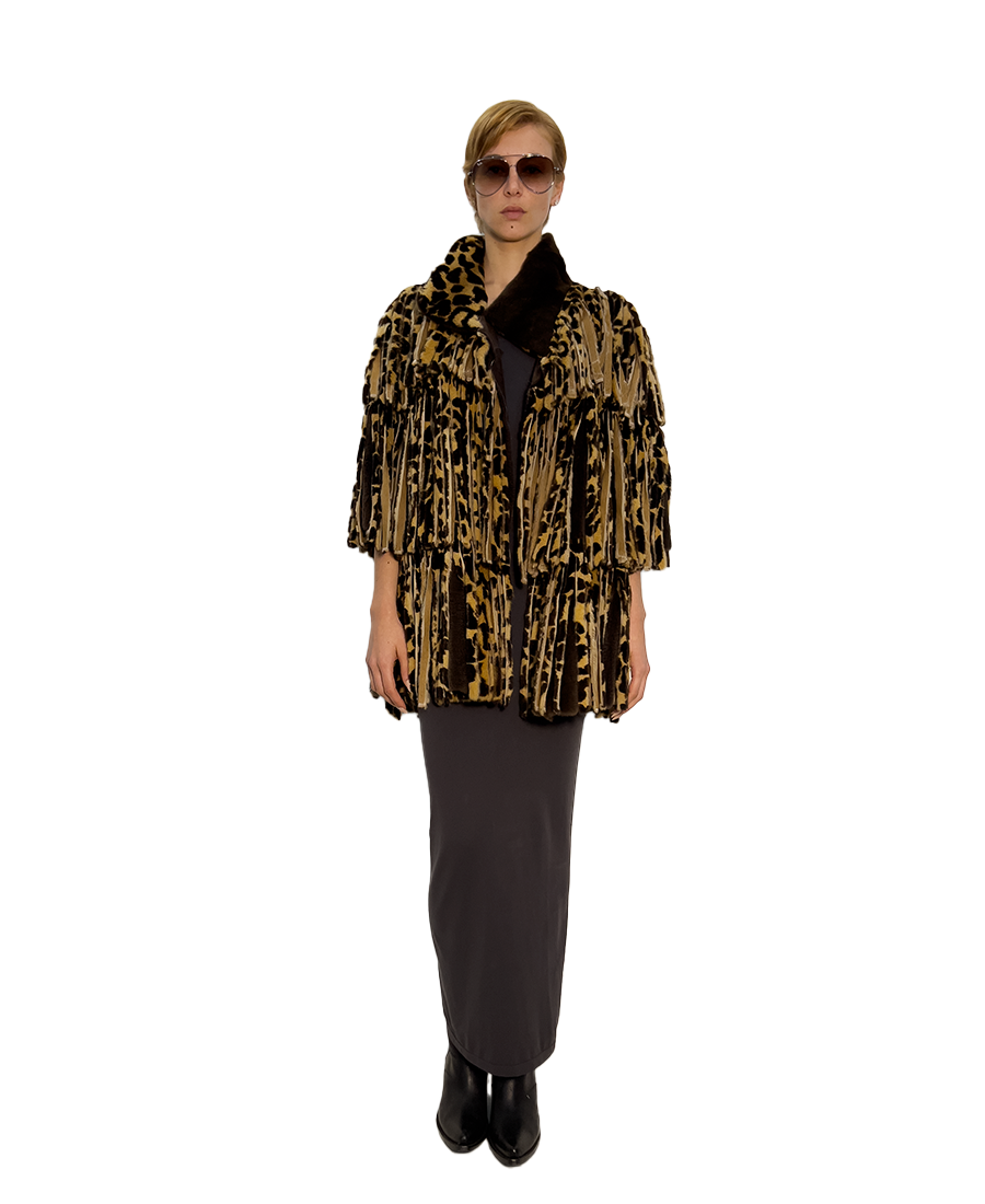 #418 HAND-CUT FRINGED ANIMAL PRINT MUSTELLA  LAYERED JACKET