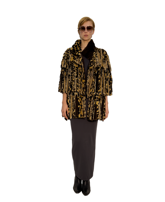 #418 HAND-CUT FRINGED ANIMAL PRINT MUSTELLA  LAYERED JACKET