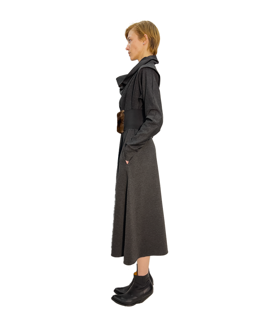 #441 ‘CATALINA’ COTTON DRESS, MINK & LYCRA BELT, AND PATCHWORK MIXED COLOUR COLLAR