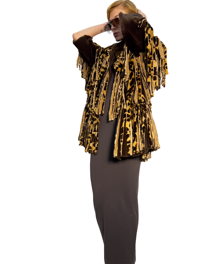 #418 HAND-CUT FRINGED ANIMAL PRINT MUSTELLA  LAYERED JACKET