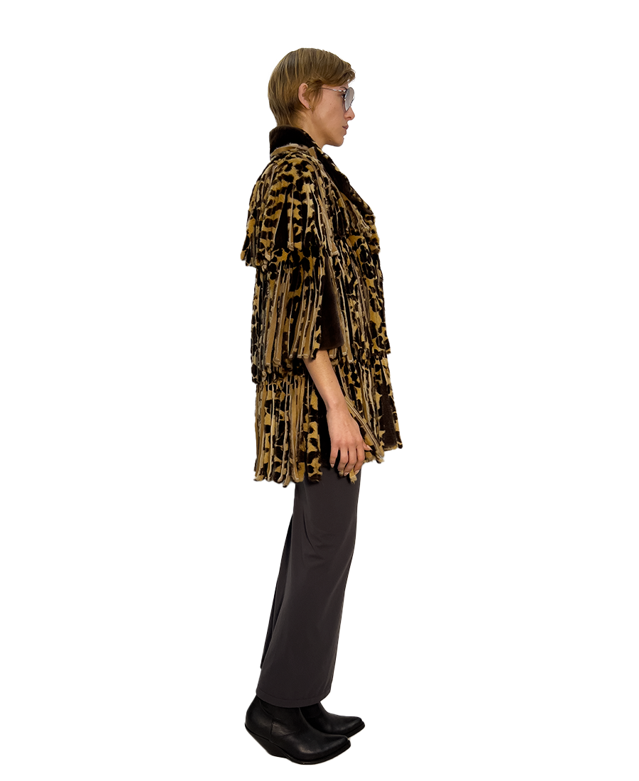 #418 HAND-CUT FRINGED ANIMAL PRINT MUSTELLA  LAYERED JACKET